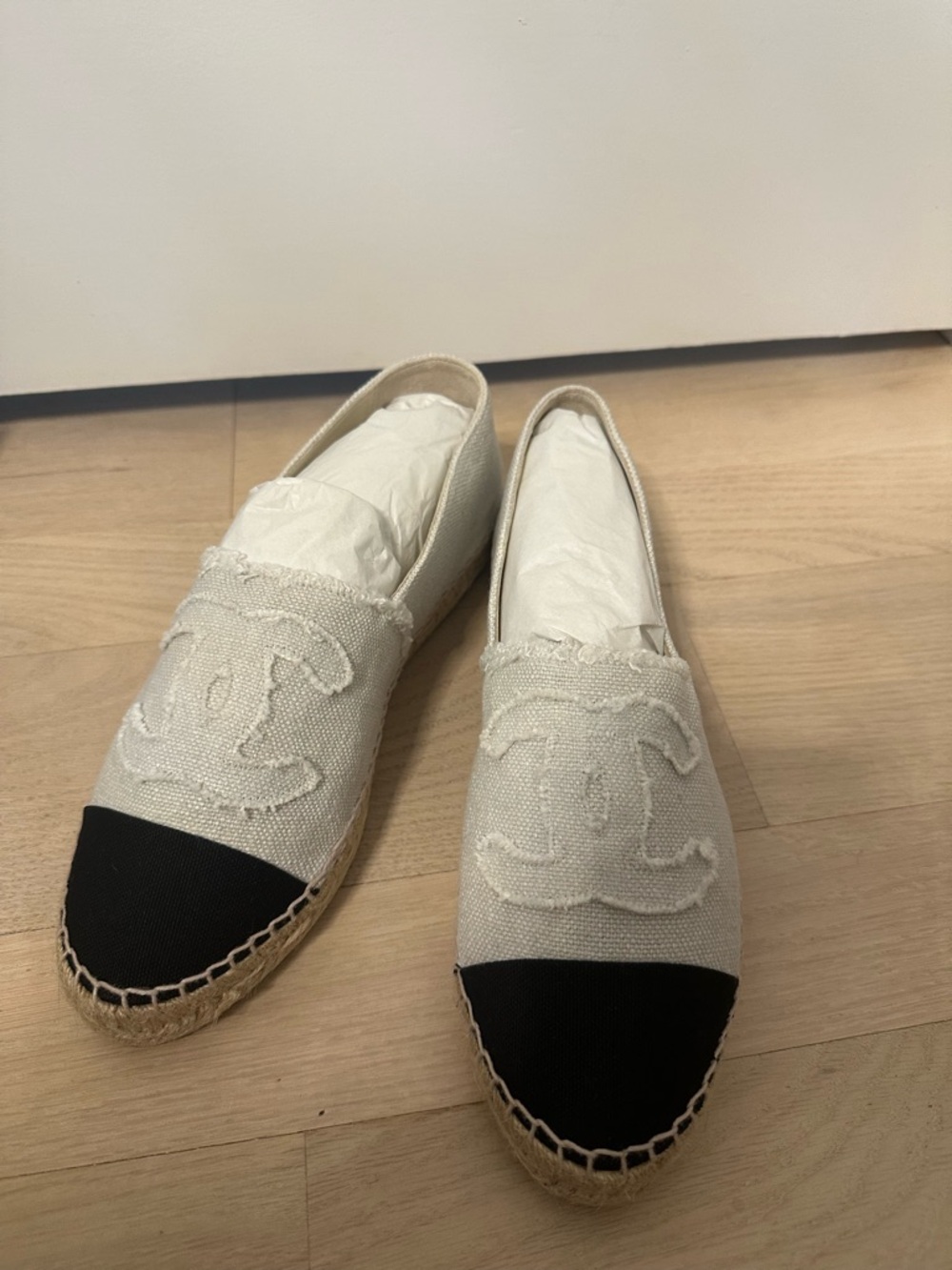 NIB Chanel Canvas Espadrilles in Beige and Black